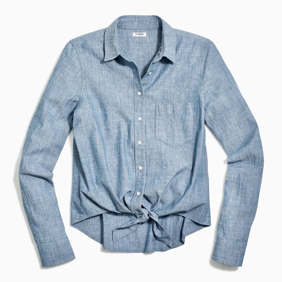 EUC Women's J.Crew Factory Tie Front Waist Chambray Shirt Top Blouse Size LARGE - Picture 1 of 4